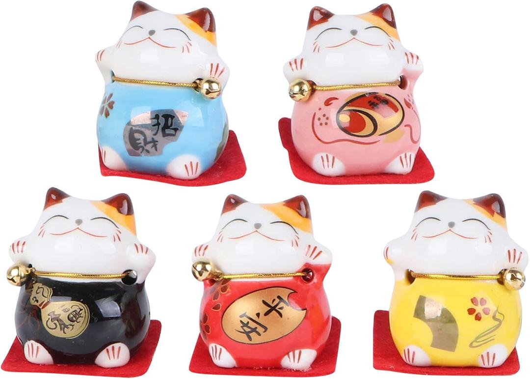 PRETYZOOM 5Pcs Japanese Maneki Lucky Money Cat Fengshui Waving Cat Chinese Statue Housewarming for Car Dashboard Figurines, Front Desk, Car, Business Openings Welcoming Good Luck Wealth 1.8x1.3 Inch