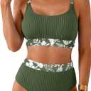Herseas Women's Textured Bikini Sets Floral Print Trim Scoop Neck Swimsuits High Waisted Bathing Suits (Green, M)