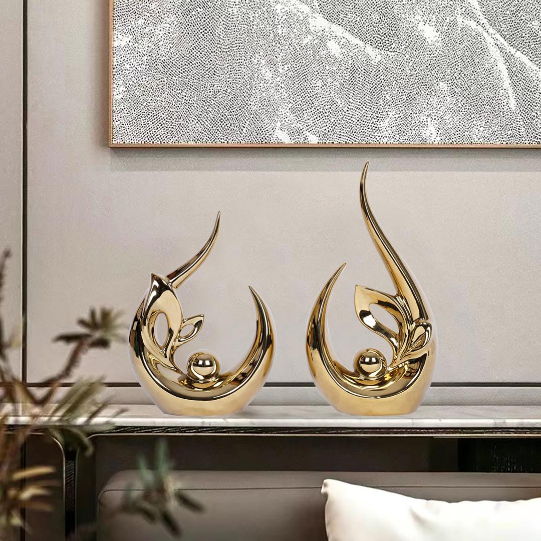 Gold Ceramic Abstract 2 Piece Statue Set,Mid Century Modern Abstract Art Home Decor Statue Mantelpiece on Unique Shelf Decor, TV Cabinet Divider Table top and Dining Table Centerpiece (White Gold)