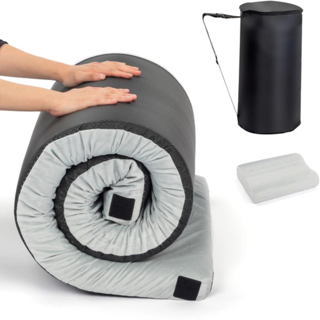 3 Inch Thick Memory Foam Camping Mattress with Pillow, Waterproof Roll up Sleeping Pad for Adults, Portable Thicken Floor Sleeping Mats for Car Truck Tent with Removable Travel Bag, Grey