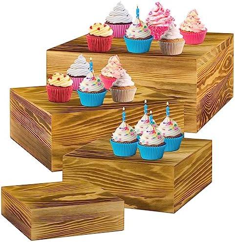 Roowest Set of 4 Wood Display Risers Rustic Cupcake Stand Rustic Wood Cake Stands Wooden Stackable Display Box for Dessert Wedding Birthday Christmas Village Party Decoration(Rustic Brown)