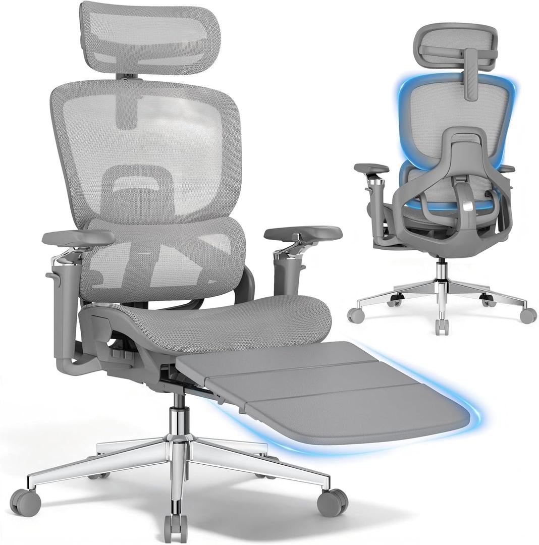 GABRYLLY Ergonomic Mesh Office Chair with Footrest - Big and Tall Desk Chair with 5-Level Adjustable Back Support, Comfy Sliding Seat, 3D Headrest, 4D Armrest, 150 Tilt Computer Executive Chair