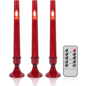 GenSwin LED Flameless Taper Candles with Remote Timer, 3 Pcs Red Window Taper Battery Operated Candles with Base and 3D Wick, Flameless Candlesticks for Wedding Party Home Decor(0.78 x 7.87)