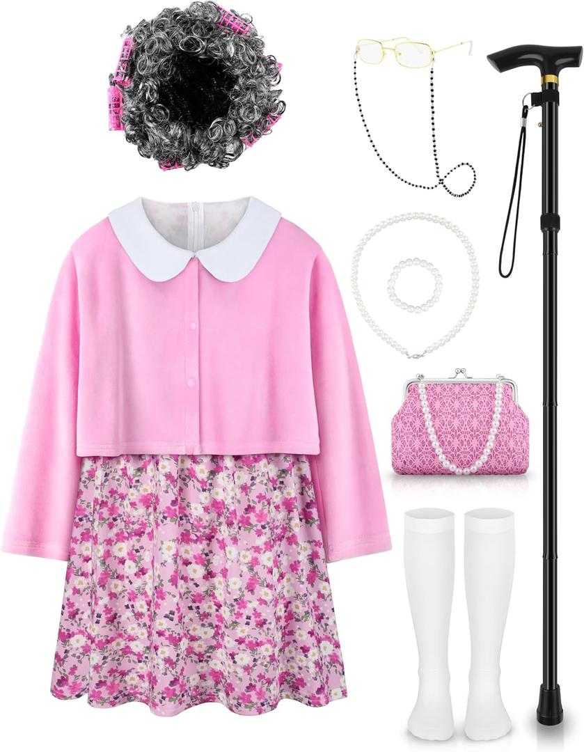 Old Lady Costume for Kids 100 Days of School Costume for Girls 100th Day of School Granny Old Lady Dress Up Accessory (8-10Years, Pink)