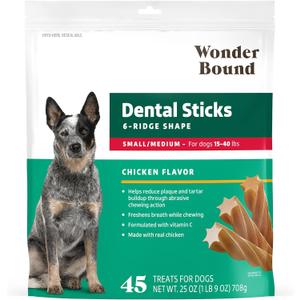 Wonder Bound Chicken Flavor Dental Sticks for Small/Medium Dogs (15-40 lbs), 6-Ridge Shape for Plaque & Tartar Control, Freshens Breath, Made With Real Chicken, 45 Count