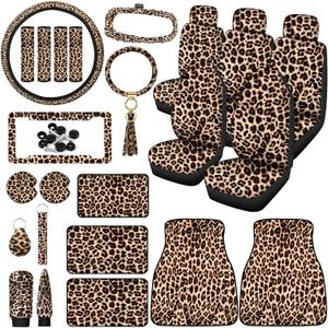 Frienda 26-Piece Leopard Print Car Accessories Set: Seat Covers, Steering Wheel Cover, License Plate Frame, Mirror Covers, Cheetah Print Accessories for Car, SUV, Truck