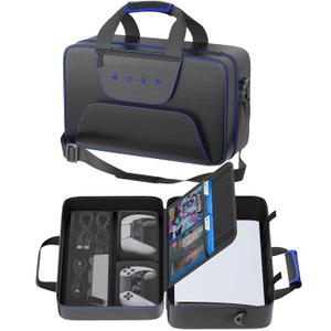 Carrying Case Compatible with PS5/Slim/Pro Disc & Digital, P S5 Travel Case for Play 5 Controllers, PS Portal, Game Discs, PS 5 Protective Travel Bag Play 5 Carry with Zipper Pocket, Black and Blue