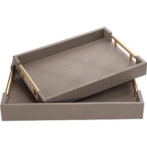 MACVAD 2 Piece Woven Leather Ottoman Tray with Gold Handles, Perfect Rectangular Serving Tray for Living Room, Coffee Table Tray as Thoughtful Gift for Home Decor Enthusiasts (Coffee Brown)