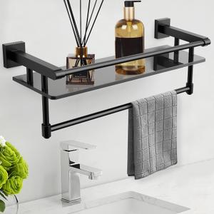 Glass Shelf for Bathroom 20 Inch Bathroom Shelves with Towel Bar Tempered Glass Shelves with Stainless Steel Towel Holder for Wall (All Matte Black), 20-inch with Railing