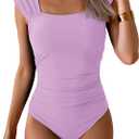B2prity Womens One Piece Swimsuit Retro Square Neck Tummy Control Bathing Suits Ruched Modest Full Coverage Swimwear, Size L, (Lavender)