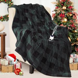 Homemate Electric Blanket Heated Throw - 50x60 Ultra Soft Cozy Flannel Heating Blanket with 10 Fast Heat Levels 8 Hours Auto Off Over-Heated Protection ETL Certification Keep Warm in Home Office (Green-black)