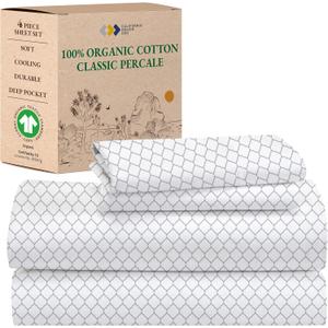 California Design Den Full Sheet Set Cotton, 100% Organic Cotton Percale Sheets, Deep Pocket Sheets & Pillowcase Set - Quatrefoil Grey