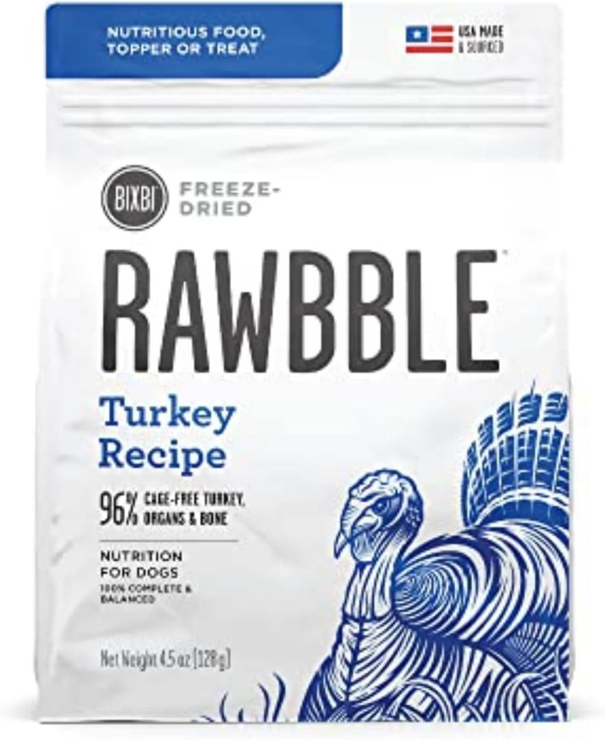 BIXBI Liberty Freeze-Dried Dog Food Topper & Treats, Turkey 96% Meat & Organs, No Refrigeration USA Made, 4.5 oz (EXP 07/30/26)