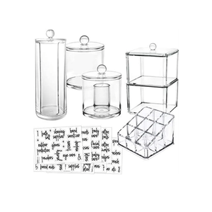 6-Pack Makeup Organizer Acrylic Plastic Containers. Bathroom Beauty Storage Set: 5 Canisters & 107 Printed Labels Organization