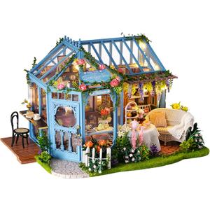 CUTEROOM Dollhouse Miniature with Furniture, 3D Wooden Miniature Doll House with Music Box & LED Lights,1:24 Scale DIY House Kit (Rose Garden Tea House)