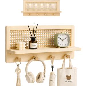 Rattan Wall Shelf with 4 Hooks, Entryway Key Holder & Coat Rack Wall Mount