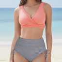 Women's High Waisted Bikini Sets V Neck Twist Front Ruched Bathing Suit Padded Lace Up Back Two Piece Swimsuit (S)