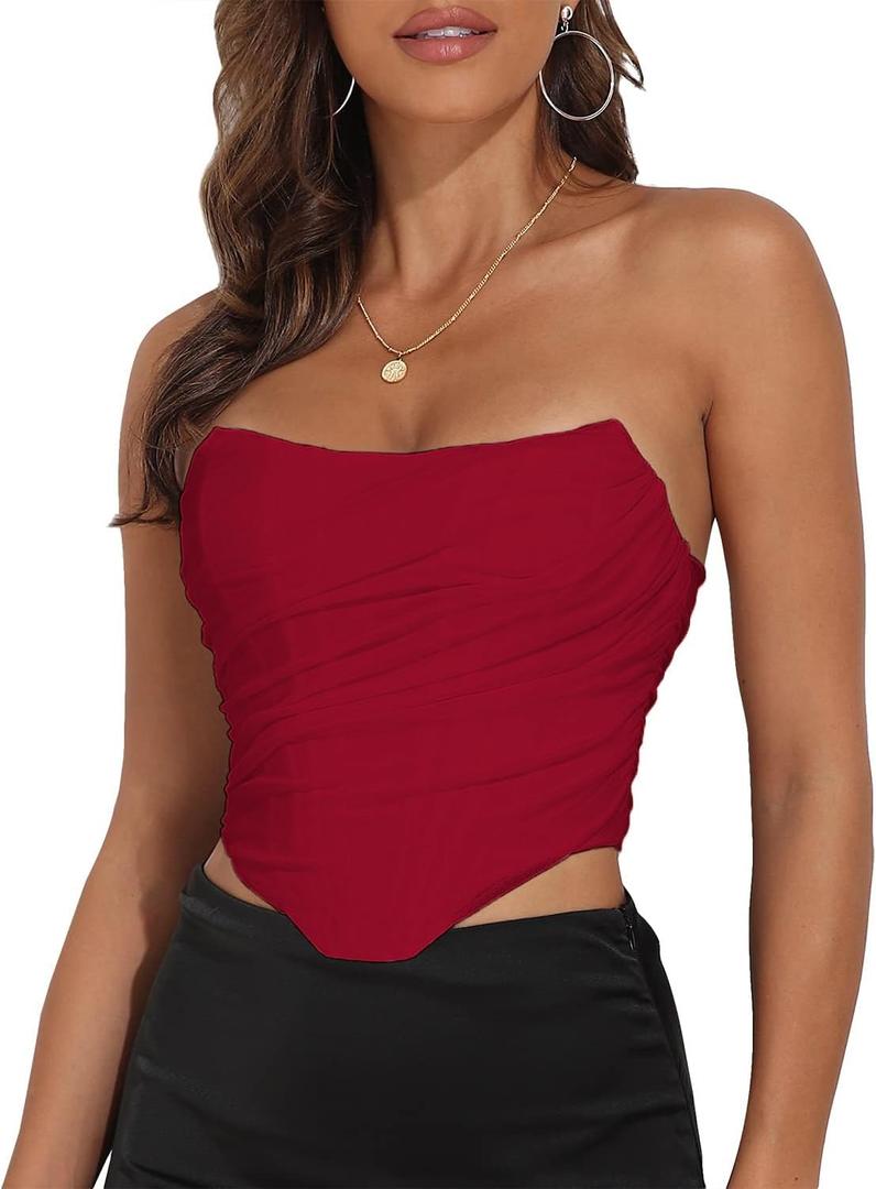 Women's Vintage Strapless Open Back Boned Mesh Bustier Zip Back Corset Bodyshaper Crop Top