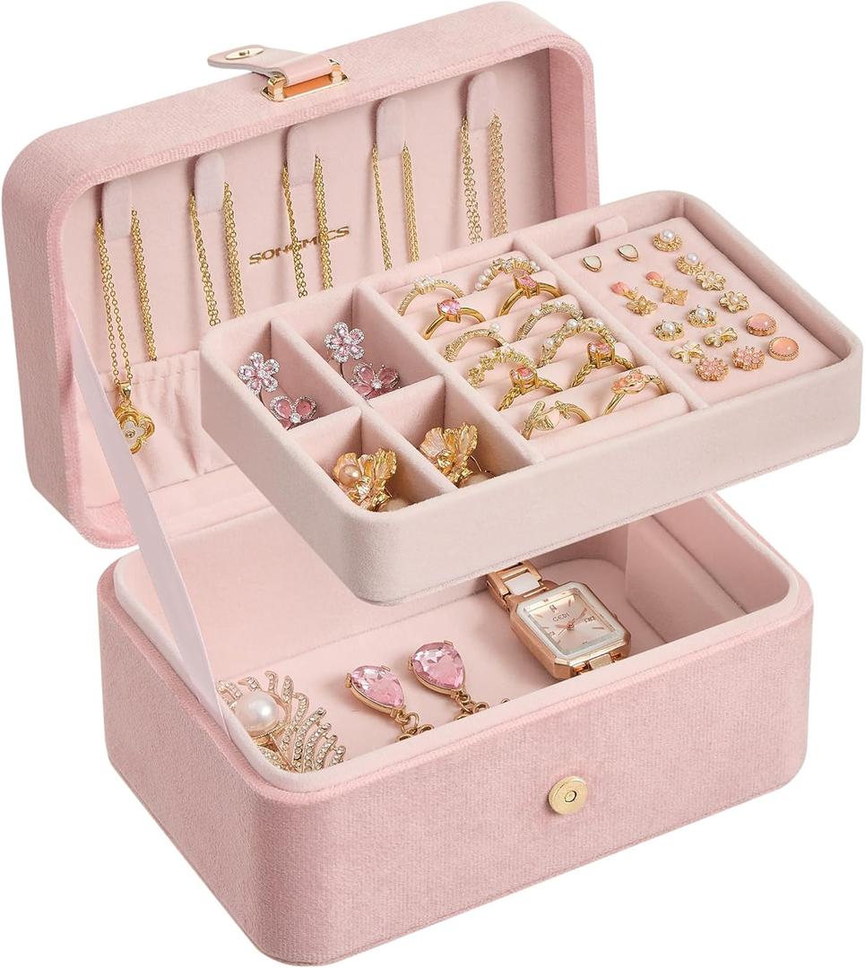 SONGMICS Jewelry Organizer Box, Travel Jewelry Case, 2-Layer Travel Case for Earrings, Necklaces, Bracelets - Portable Jewelry Storage with Large Capacity, Gift Idea, Jelly Pink UJBC166R02