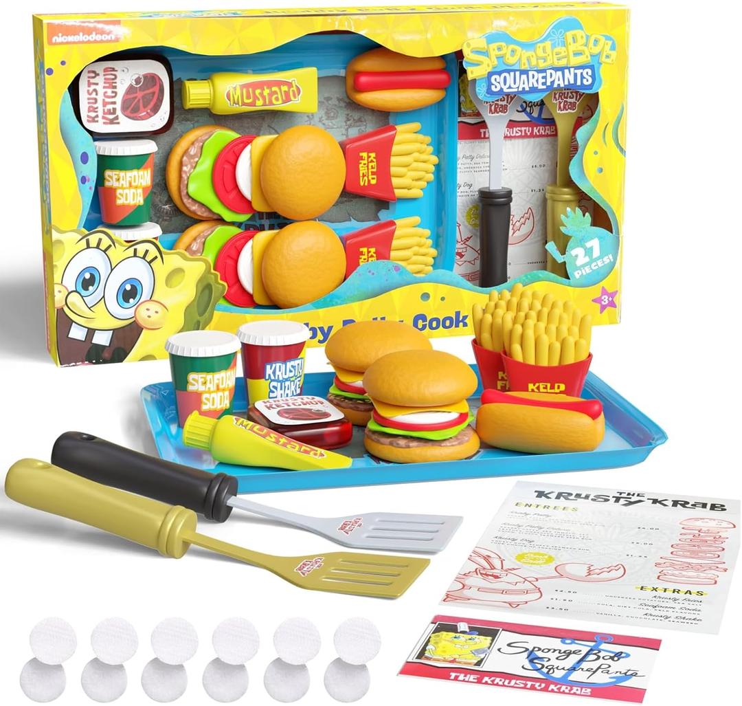 Spongebob Kids Kitchen Playset - Interactive Play Food with 2 Krabby Patty Burgers, Seafoam Shake, Kelp Fries, Spongebob Toys Kitchen Set for Kids Ages 3-5 Includes Velcro Dots