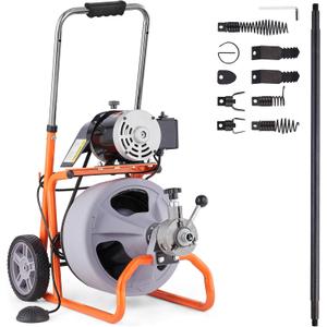 VEVOR Drain Cleaner Machine 75FT x 3/8 Inch, Auto Feed Sewer Snake Drain Auger on Wheels, Portable Drain Cleaning Machine with 8 Cutters & Air-activated Foot Switch for 2" to 4" Pipes