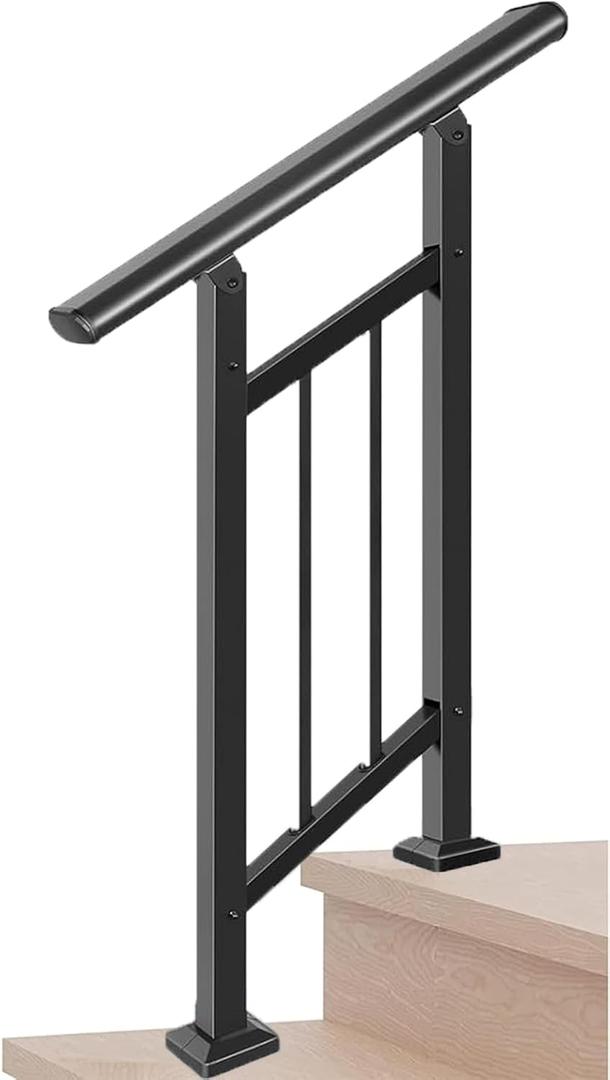 Metty Metal Handrails for Outdoor Steps Suitable for 1 to 2 Steps- Wrought Iron Stair Railing- Step Steady with 2 Feet Handrailing- Safe Indoor Home Banisters (Black with Balusters)