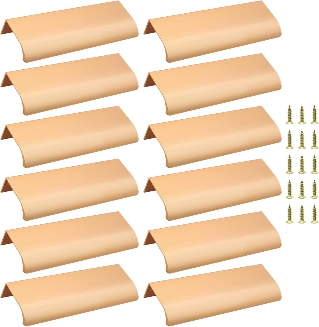 Qjaiune Back Mount Finger Edge Pull 150mm/ 5.9", Aluminum Hidden Handle Concealed Tab Pulls for Home Kitchen Living Room Door Drawer Cabinet (12Pcs, Gold)