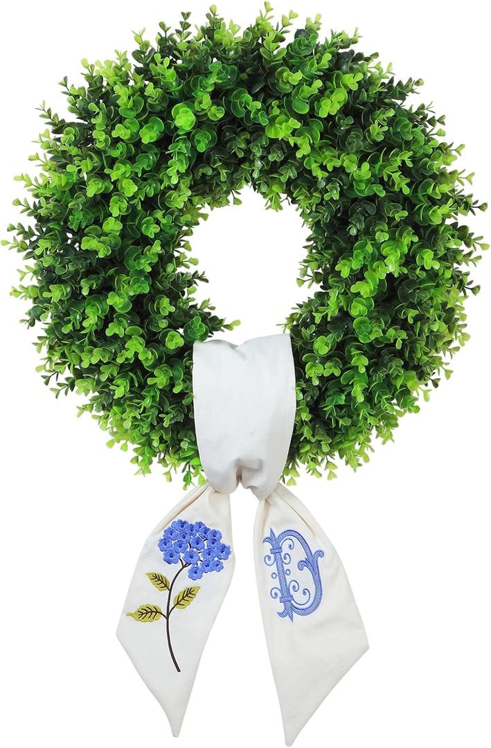 Boxwood Wreaths for Front Door Spring Summer Wreaths Farmhouse Door Hanger,Last Name Year Round Porch Decor, 20 inch Wreath with Personalized Monagram sash Embroidered -20 inch (D)