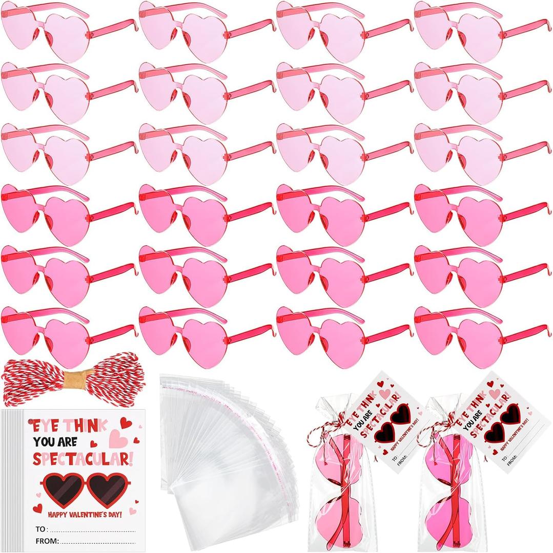 Geiserailie 24 Pcs Valentines Day Gifts Valentines Day Heart Glasses with Cards for Greeting Gifts Exchange Favors
