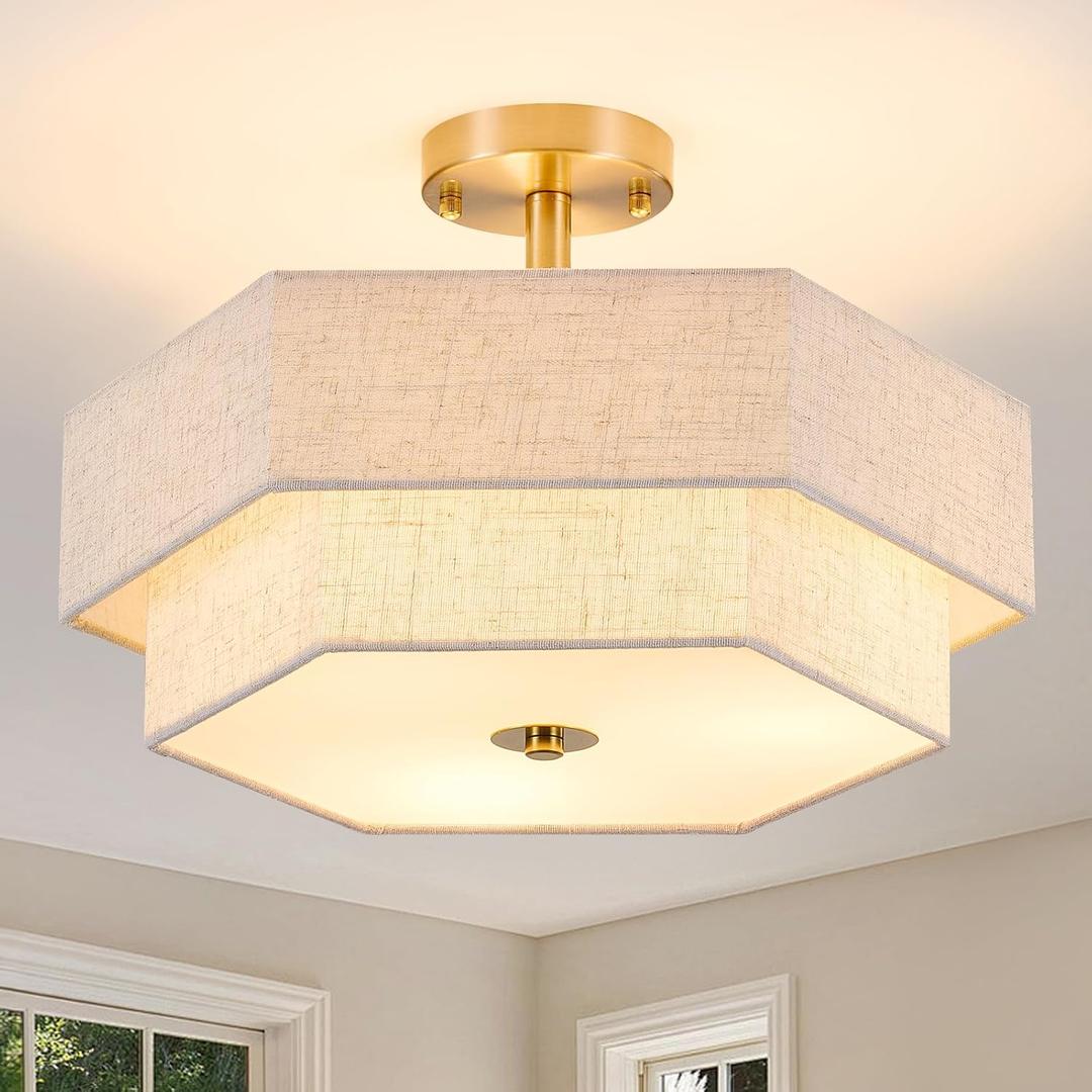 SGLfarmty 17.7" Gold Flush Mount Ceiling Light, 3-Light Farmhouse Light Fixture Ceiling Mount with Double Hexagonal Fabric Shade, Modern Drum Ceiling Mount Lamp for Bedroom Hallway Living Room
