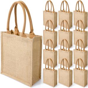 Saintrygo 10 Pcs Burlap Tote Bags Burlap Gift Tote with Handles Reusable Beach Bridesmaid Welcome Bags for DIY Wedding Shopping Pool Party Favor, 11.1''x 9.5''x 4.2''(Khaki)
