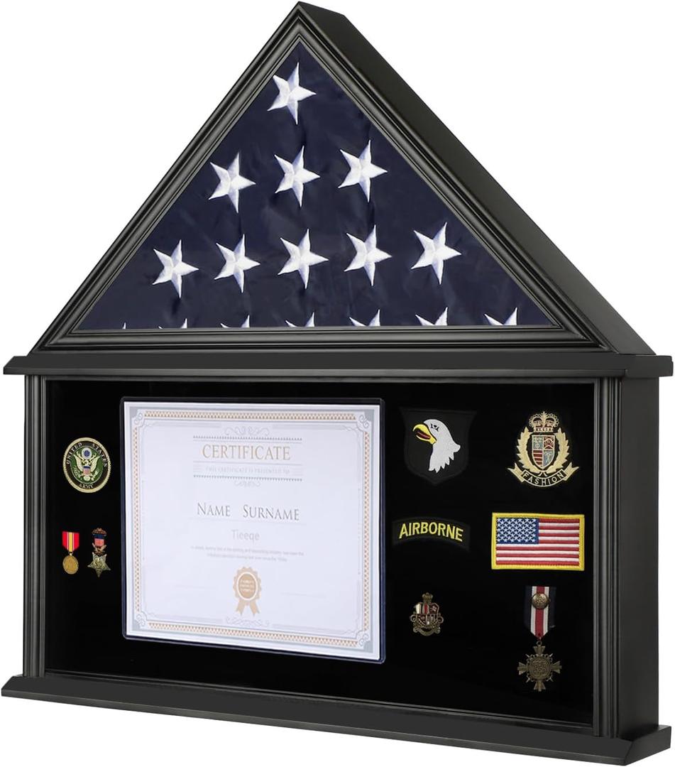 Large Military Shadow Box Solid Wood Burial Flag Display Case for American Veteran Flag Display Fit a Folded 5'x9.5' Flag Military Flag Display Case with Certificate Holder, Black Finish