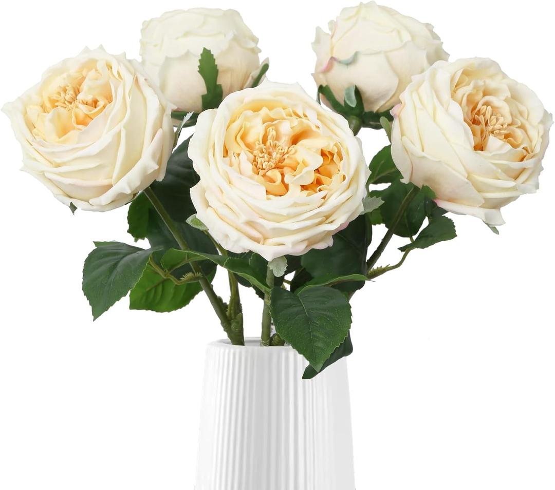 IPOPU 5PCS Real Touch Austin Roses Champagne Flowers Peony Artificial Flowers Fake Roses with Stems for Wedding Bouquet Party Home Decor(Champagne)