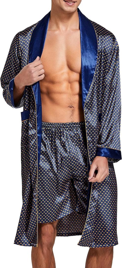 Sanraflic® Mens Satin Robe Lightweight Silk Long Sleeve Bathrobe with Shorts Set Spa Kimono Sleepwear Nightwear (Blue, L)