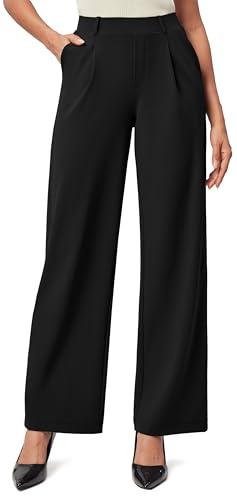 IUGA Womens Dress Pants Wide Leg Pull On Stretchy Work Pants Women High Waisted Business Casual Trousers with Pockets Medium, Black 