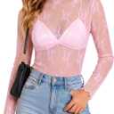 Girece Lace Tops for Women Long Sleeve Mock Neck Mesh Top Sexy Sheer Shirts See Through Floral Blouses (Pink, XL)