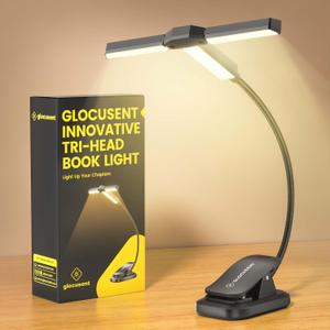 Glocusent Innovative Tri-Head Book Light for Reading in Bed, 3 Colors & 5 Brightness Levels, 1000mAh Rechargeable Reading Light with 30-Min Timer, 10-100Hrs, Partner Friendly, Perfect for Book Lovers (Black)