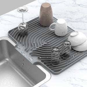 Silicone Drying Mat for Kitchen Counter , Dish Drying Rack Matt with Built in Drain, Small Dry Mats for Dishes Drying Pad for Kitchen Counter (2015.7inch Extra Large, gray)