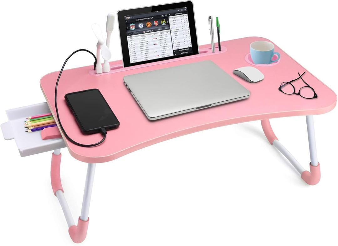 Slendor Lap Desk with Tablet Slot, Foldable Laptop Table with Storage Drawer for BedPortable Bed Desk for Laptop, Computer Tray with Cup Holder Notebook Stand Reading Holder for Couch Floor, Pink
