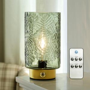 Cordless Lamp Rechargeable Battery Operated lamp, Glass Table Lamp Remote Control - Dimmable Brightness Touch Wireless Bedside Lamp for Bedroom Kitchen Dining Home Living Room Decor Green