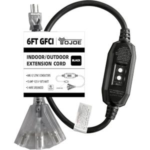 YOJOE 6 Foot GFCI Black Extension Cord, Lighted Outdoor 12/3 Cord with 3 Power Outlets,12 Gauge 3 Prong SJTW Heavy Duty Extension Cable with 3 Prong Grounded Plug for Safety, UL Listed