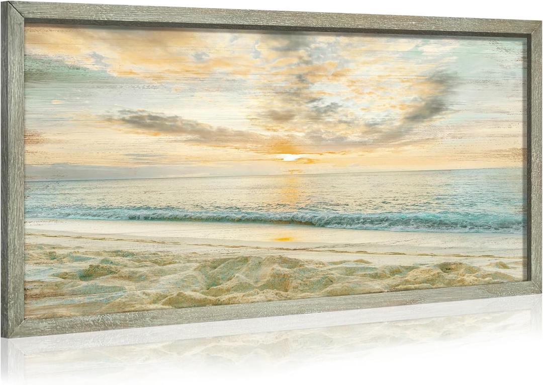 Coastal Beach Wooden Wall Art: Sunset Ocean Scenery Framed Picture Sea Wave Painting Modern Seaside Prints Seascape Artwork for Living Room Bathroom Bedroom (24"L x 12"W)
