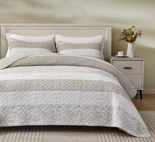 Chezmoi Collection Robyn 3-Piece Neutral Taupe Gray White Floral Hibiscus Flower Patchwork Striped Quilt Set - Pre-Washed Cotton Coverlet - Lightweight Reversible Bedspread, Super King Size