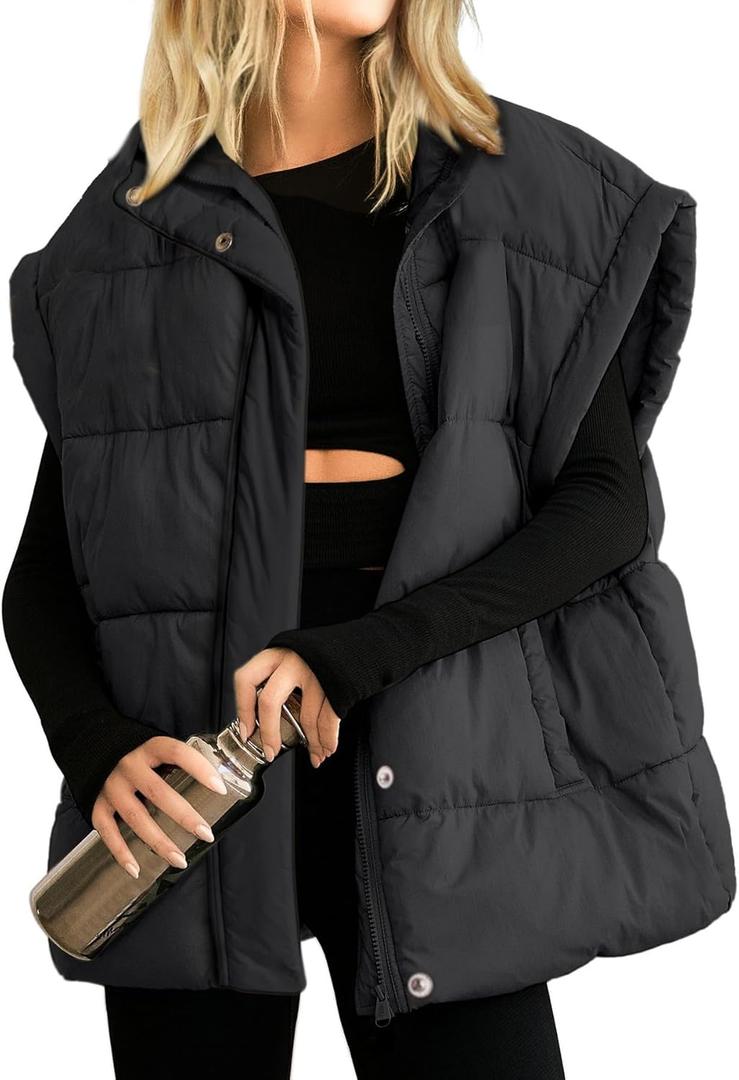 Ainangua Women's Puffer Vest Stand Collar Zipper Sleeveless Jackets Winter Lightweight Vests Warm Padded Jacket Coat (XX-Large, Black)