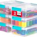 IRIS USA 2 Qt. Craft Storage Bins with Lids, 6-Pack, |Made in USA|, Clip Box, Small Plastic Sensory Bin Tote Organizer Containers for Art Supplies, Paper, & Office, Stackable - Clear/Seafoam Blue