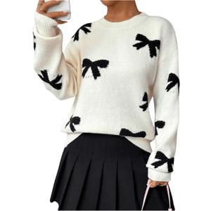 GORGLITTER Women's Bow Fall Sweaters 2026 Vintage Cute Cozy Holiday Knit Long Sleeve Oversized Crew Neck Pullover Apricot Medium