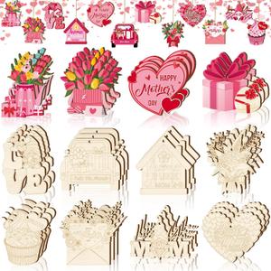 Thyle 120 Pcs Mother's Day Wooden Crafts Unfinished Wood Cutouts for Kids Painting Mother's Day Ornaments DIY Craft Gifts with Tulips Heart Gnome Trucks Love for Happy Birthday Decorations