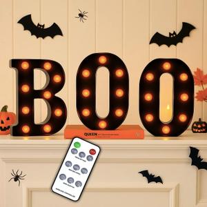 Halloween Decorations  Boo Light Up Letters with Remote | Timer, Dimmable, 3 Light Modes | Marquee Sign for Indoor Halloween Decor, Fireplace Mantel, Tabletop, Bedroom, Wall or Holiday Display