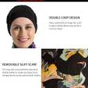 JarseHera Bamboo Cotton Liner Chemo Headwear for Womenwith Silky Scarfs for Cancer Hair Loss Sleep Caps Beanie (Black+Gray,2 Pair, One Size Fit Most)