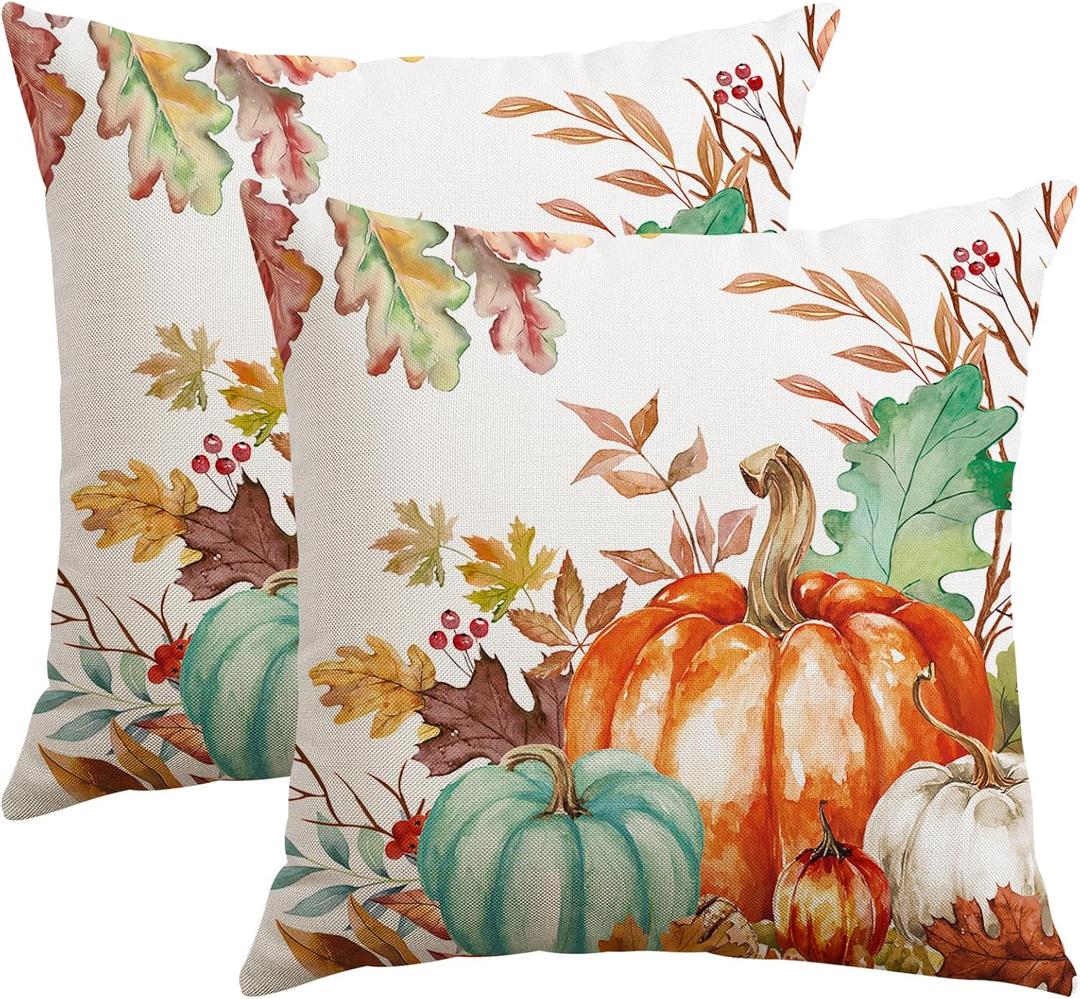 5 x Artscope Fall Decorative Throw Pillow Covers 18x18 Inch Set of 2, Watercolor Pumpkin Fallen Leaves Outdoor Farmhouse Pillow Cases for Home Sofa Couch-Green Orange